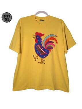 VINTAGE Patchwork Chicken & Chicks USED Shirt (Single Stitch, XL, Yellow)